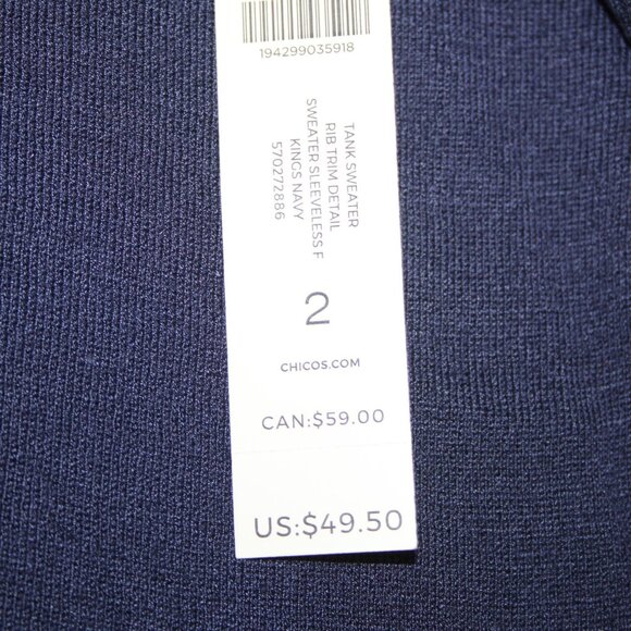 Chicos Top $50 Sz 2 Navy Blue Rib Trim Detail Tank Rayon Top - Picture 9 of 12